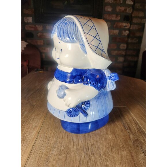 Vintage Ceramic Dutch Girl Cookie Jar Hand-Painted Blue & White Kitchen Decor - Picture 3 of 9
